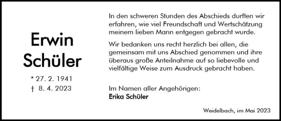 Traueranzeige von Erika Schüler von Dill Block