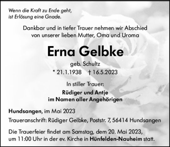 Traueranzeige von Erna Gelbke von Nassauische Neue Presse