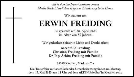 Traueranzeige von Erwin Freiding von Rheingau Kurier