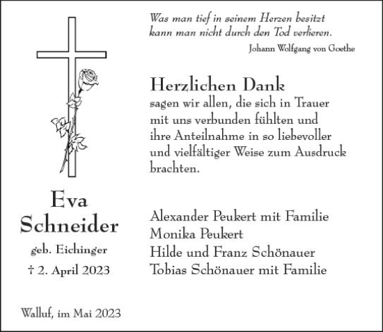 Traueranzeige von Eva Schneider von Wiesbadener Kurier