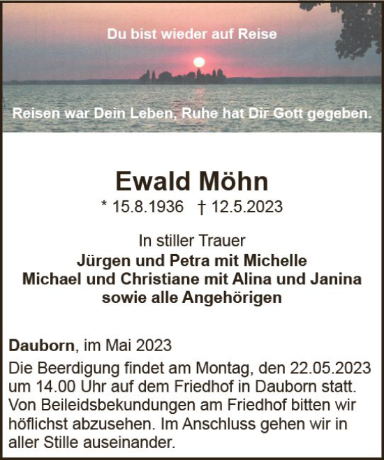 Traueranzeige von Ewald Möhn von Camberger Anzeiger