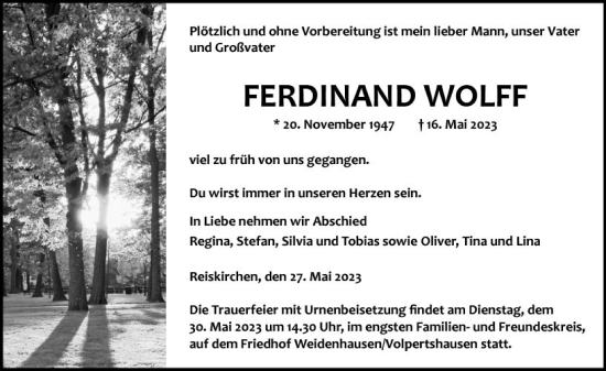 Traueranzeige von Ferdinand Wolff von Wetzlarer Neue Zeitung