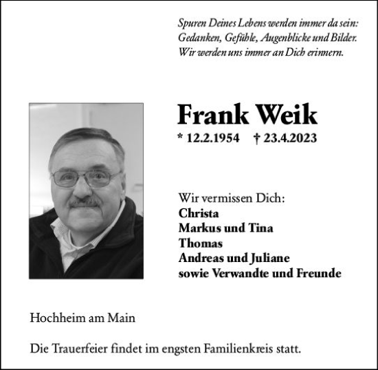 Traueranzeige von Frank Weik von Hochheimer Zeitung