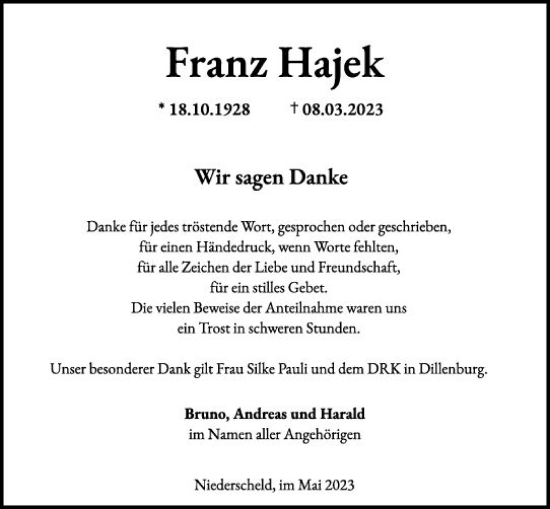 Traueranzeige von Franz Hajek von Dill Block