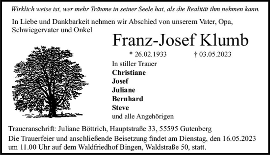 Traueranzeige von Franz-Josef Klumb von Allgemeine Zeitung Bad Kreuznach