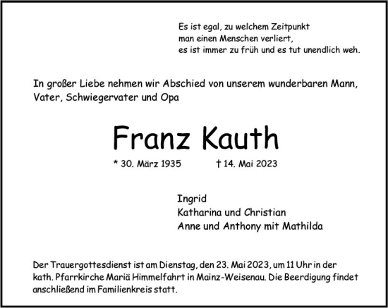 Traueranzeige von Franz Kauth von Allgemeine Zeitung Mainz
