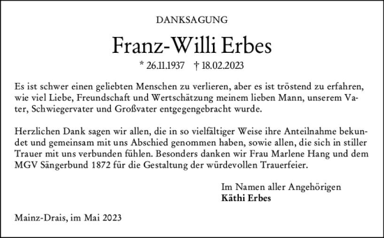 Traueranzeige von Franz-Willi Erbes von Allgemeine Zeitung Mainz
