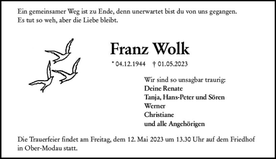 Traueranzeige von Franz Wolk von Darmstädter Echo