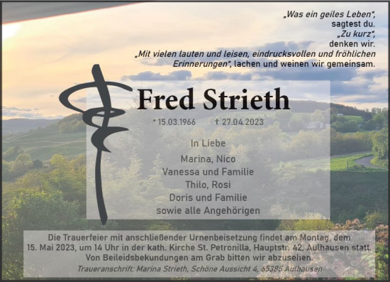 Traueranzeige von Fred Strieth von Wiesbadener Kurier