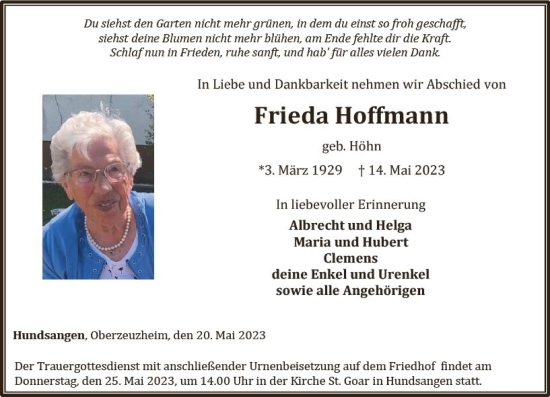 Traueranzeige von Frieda Hoffmann von Nassauische Neue Presse