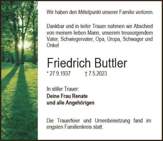 Traueranzeige von Friedrich Buttler von Darmstädter Echo