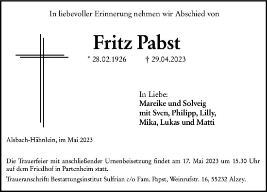 Traueranzeige von Fritz Pabst von Darmstädter Echo