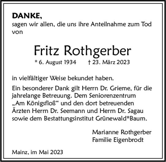 Traueranzeige von Fritz Rothgerber von Allgemeine Zeitung Mainz