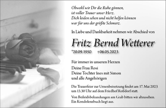 Traueranzeige von Fritz Bernd Wetterer von Darmstädter Echo