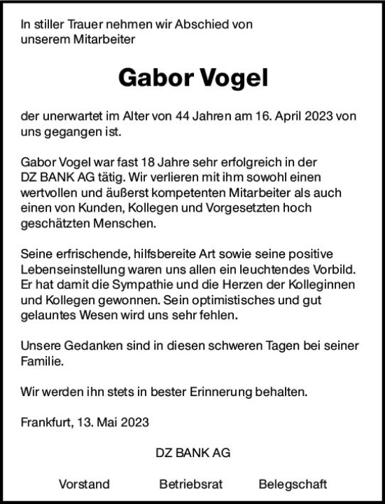 Traueranzeige von Gabor Vogel von Wiesbadener Kurier