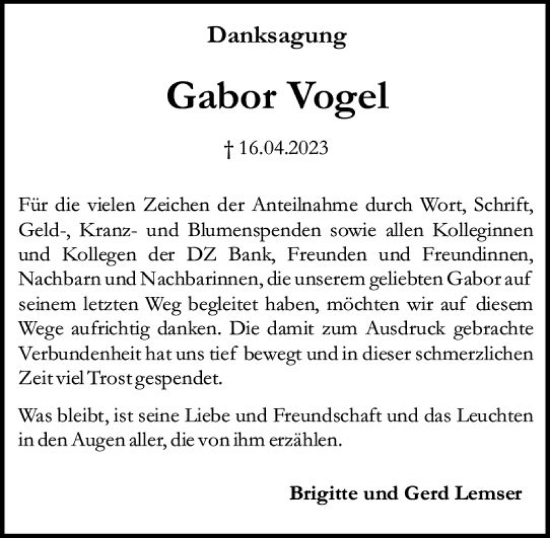 Traueranzeige von Gabor Vogel von Wiesbadener Kurier