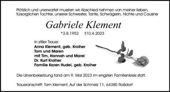 Traueranzeige von Gabriele Klement von Darmstädter Echo