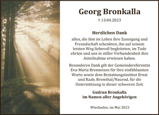 Traueranzeige von Georg Bronkalla von Wiesbadener Kurier