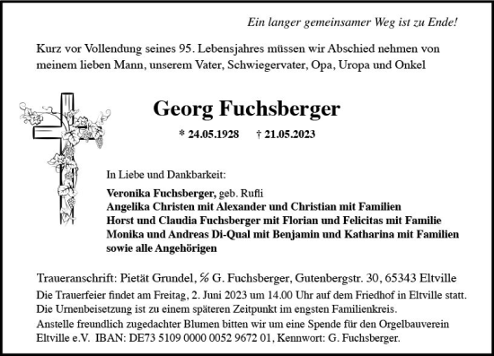 Traueranzeige von Georg Fuchsberger von Rheingau Kurier