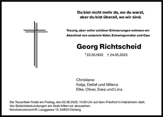 Traueranzeige von Georg Richtscheid von Darmstädter Echo