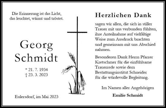 Traueranzeige von Georg Schmidt von Oberhessen Kurier