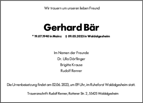 Traueranzeige von Gerhard Bär von Allgemeine Zeitung Bingen/Ingelheim