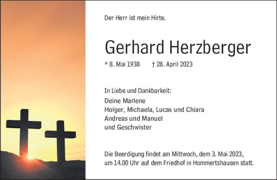 Traueranzeige von Gerhard Herzberger von Hinterländer Anzeiger