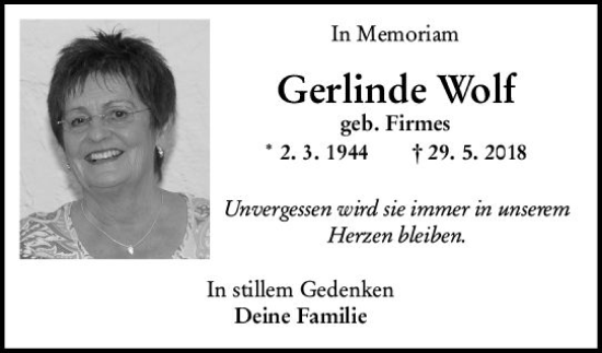 Traueranzeige von Gerlinde Wolf von Allgemeine Zeitung Bingen/Ingelheim