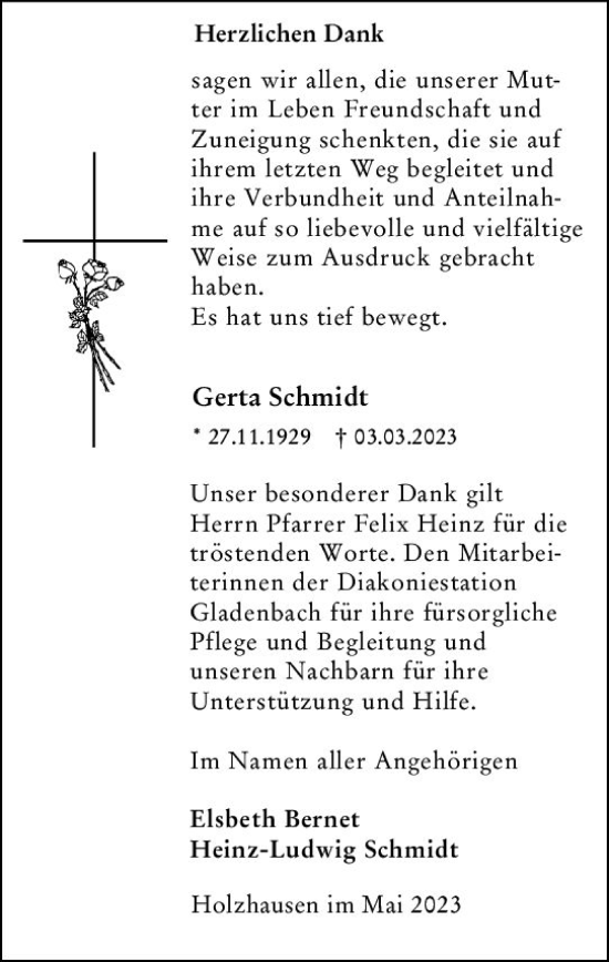 Traueranzeige von Gerta Schmidt von Hinterländer Anzeiger