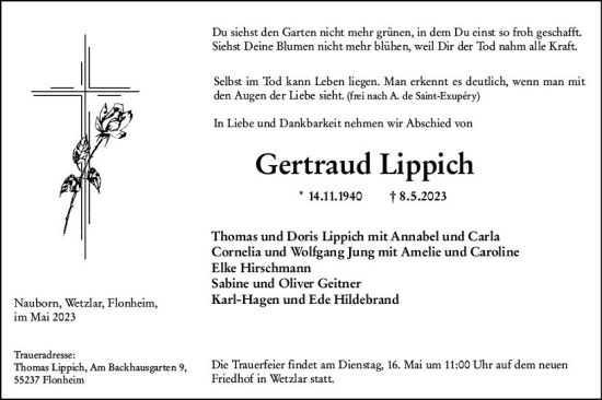 Traueranzeige von Gertraud Lippich von Allgemeine Zeitung Alzey