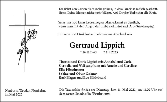 Traueranzeige von Gertraud Lippich von Wetzlarer Neue Zeitung