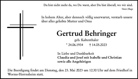 Traueranzeige von Gertrud Behringer von Wormser Zeitung