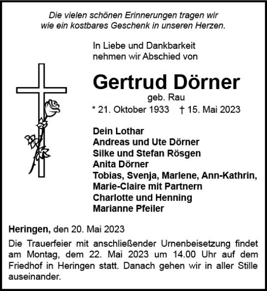 Traueranzeige von Gertrud Dörner von Nassauische Neue Presse