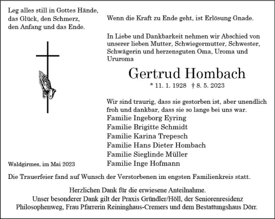 Traueranzeige von Gertrud Hombach von Wetzlarer Neue Zeitung