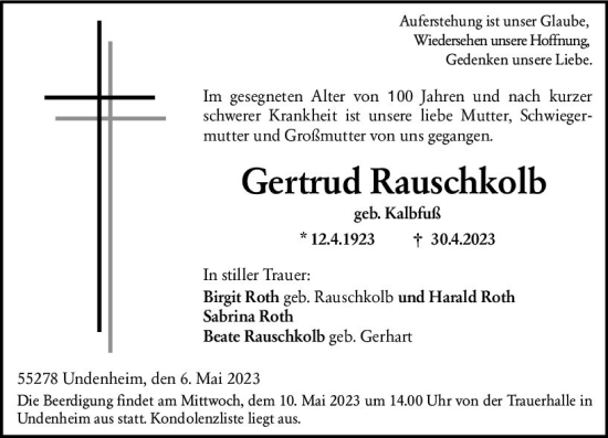 Traueranzeige von Gertrud Rauschkolb von Allgemeine Zeitung Mainz