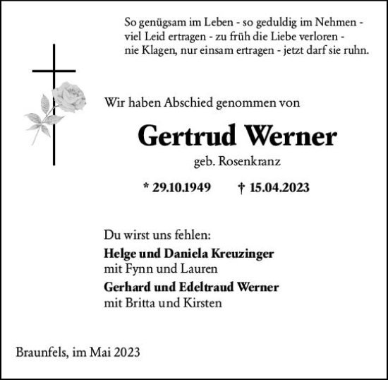 Traueranzeige von Gertrud Werner von Wetzlarer Neue Zeitung
