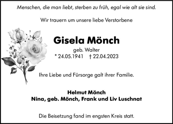 Traueranzeige von Gisela Mönch von Allgemeine Zeitung Bingen/Ingelheim