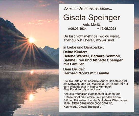 Traueranzeige von Gisela Speinger von Allgemeine Zeitung Mainz