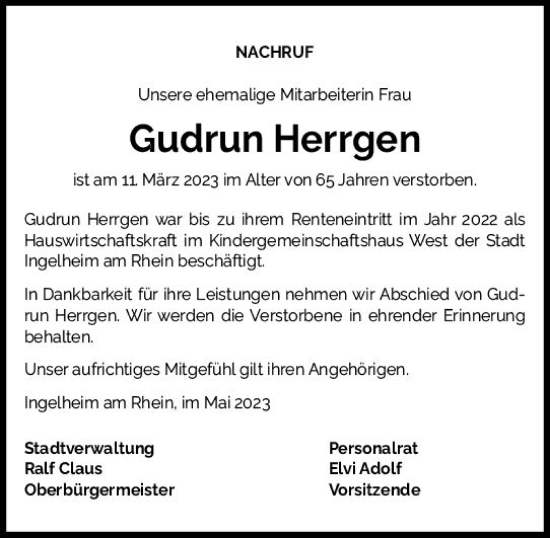 Traueranzeige von Gudrun Herrgen von Allgemeine Zeitung Bingen/Ingelheim