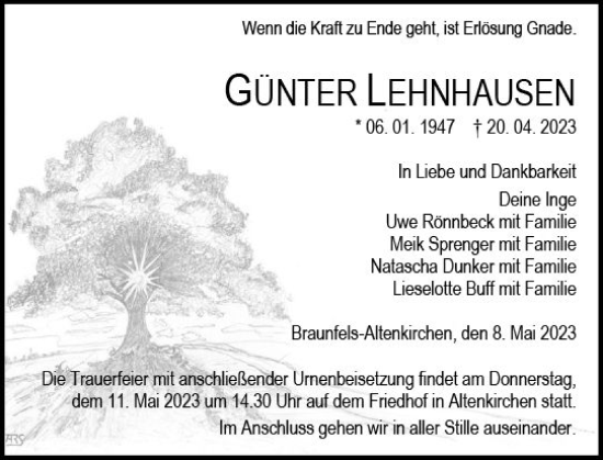 Traueranzeige von Günter Lehnhausen von Wetzlarer Neue Zeitung