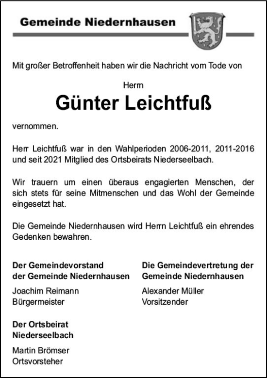 Traueranzeige von Günter Leichtfuß von Idsteiner Land/Untertaunus