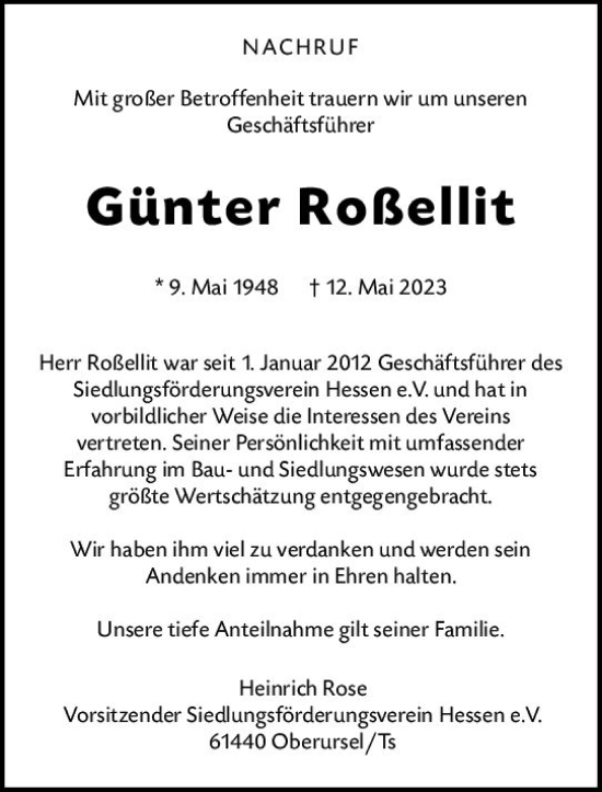 Traueranzeige von Günter Roßellit von Allgemeine Zeitung Mainz