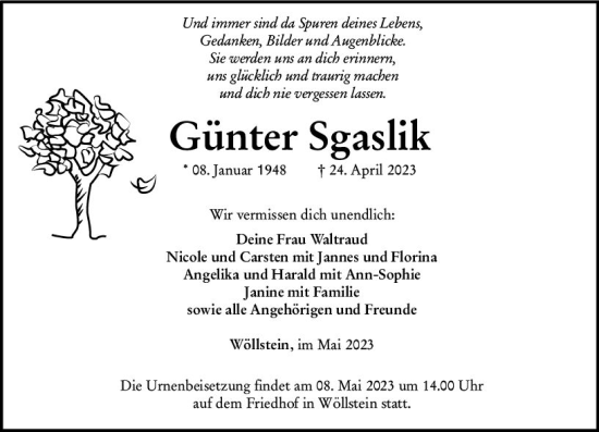 Traueranzeige von Günter Sgaslik von Allgemeine Zeitung Alzey