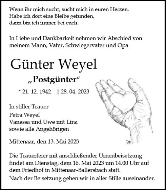 Traueranzeige von Günter Weyel von Dill Block