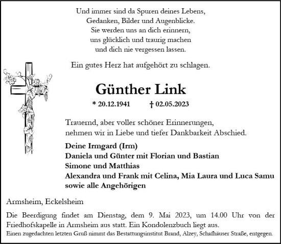 Traueranzeige von Günther Link von Allgemeine Zeitung Alzey