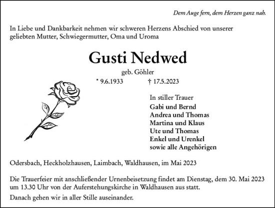 Traueranzeige von Gusti Nedwed von Weilburger Tageblatt