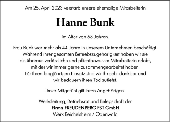 Traueranzeige von Hanne Bunk von Odenwälder Echo