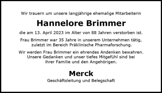 Traueranzeige von Hannelore Brimmer von Darmstädter Echo