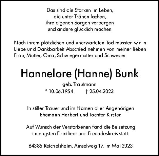 Traueranzeige von Hannelore Bunk von Odenwälder Echo