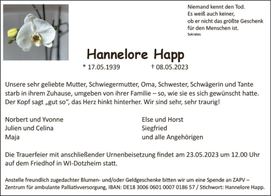 Traueranzeige von Hannelore Happ von Wiesbadener Kurier